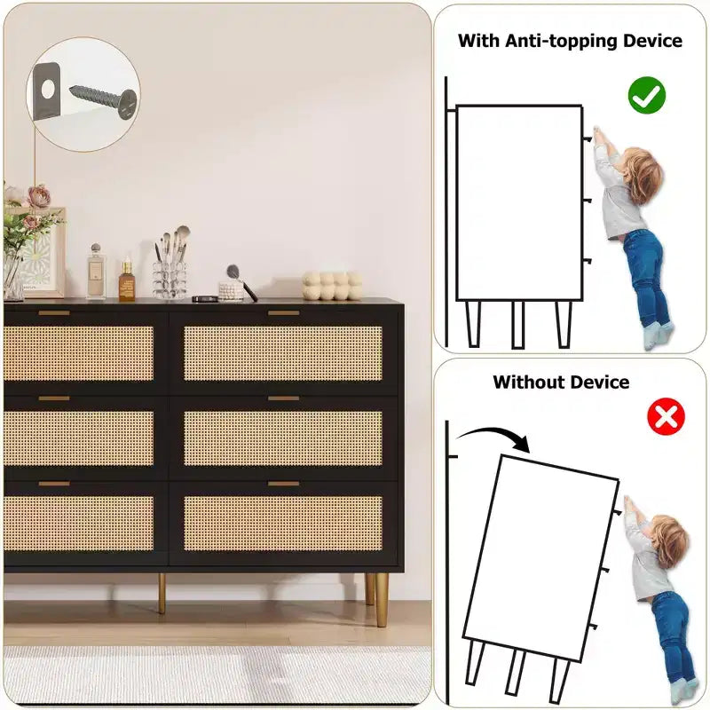 Comò Acekool in Rattan con 6 Cassetti, Cassettiera Moderna con Gambe e Maniglie Dorate, Comò Doppio Ampio, Antiribaltamento, per Camera da Letto e Soggiorno