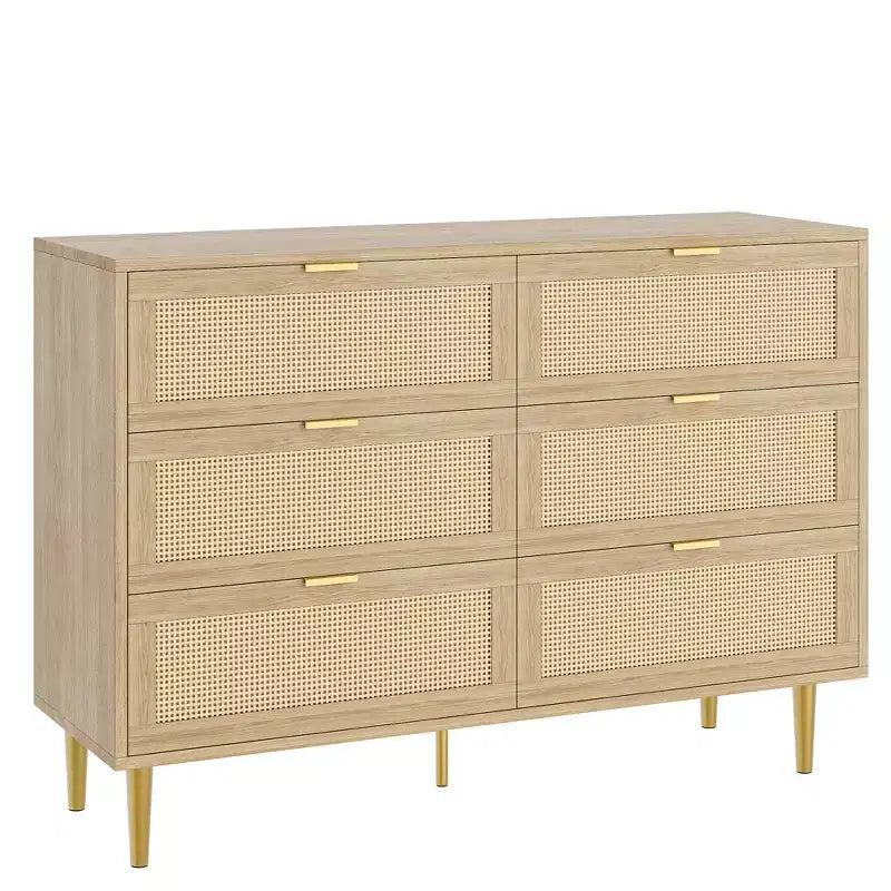 Comò Acekool in Rattan con 6 Cassetti, Cassettiera Moderna con Gambe e Maniglie Dorate, Comò Doppio Ampio, Antiribaltamento, per Camera da Letto e Soggiorno