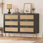 Acekool Rattan 6 Drawer Dresser, Modern Chest with Gold Legs & Handles, Wide Double Dresser, Anti-Tip, for Bedroom & Living Room