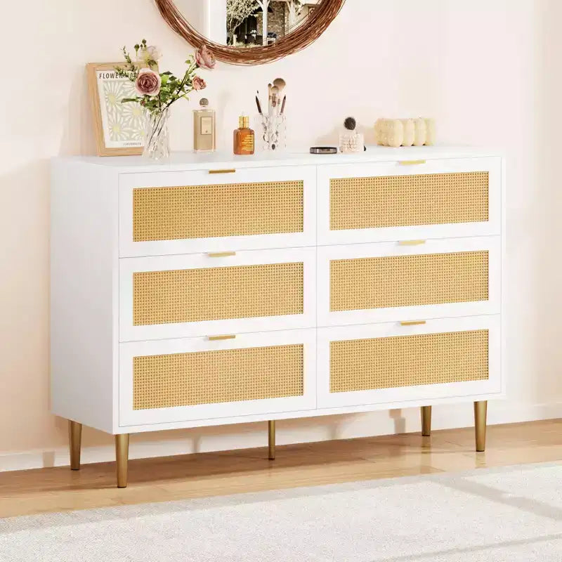 Comò Acekool in Rattan con 6 Cassetti, Cassettiera Moderna con Gambe e Maniglie Dorate, Comò Doppio Ampio, Antiribaltamento, per Camera da Letto e Soggiorno
