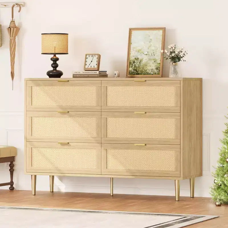 Comò Acekool in Rattan con 6 Cassetti, Cassettiera Moderna con Gambe e Maniglie Dorate, Comò Doppio Ampio, Antiribaltamento, per Camera da Letto e Soggiorno