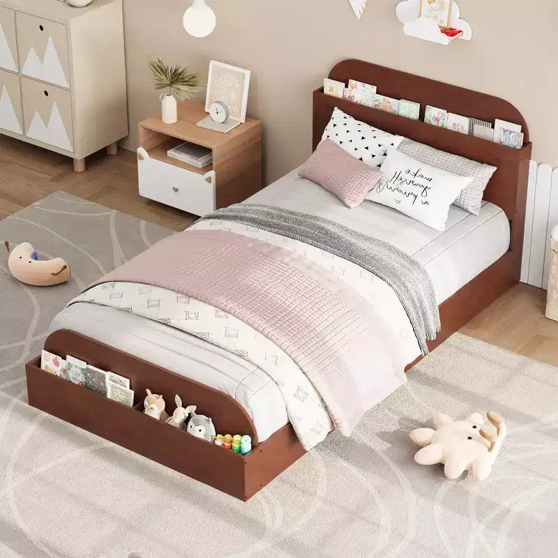 Cadre de lit double, lattes en bois robustes, avec tête de lit de rangement et pied de lit surélevé, pas besoin de sommier tapissier, montage facile, pour garçons et filles