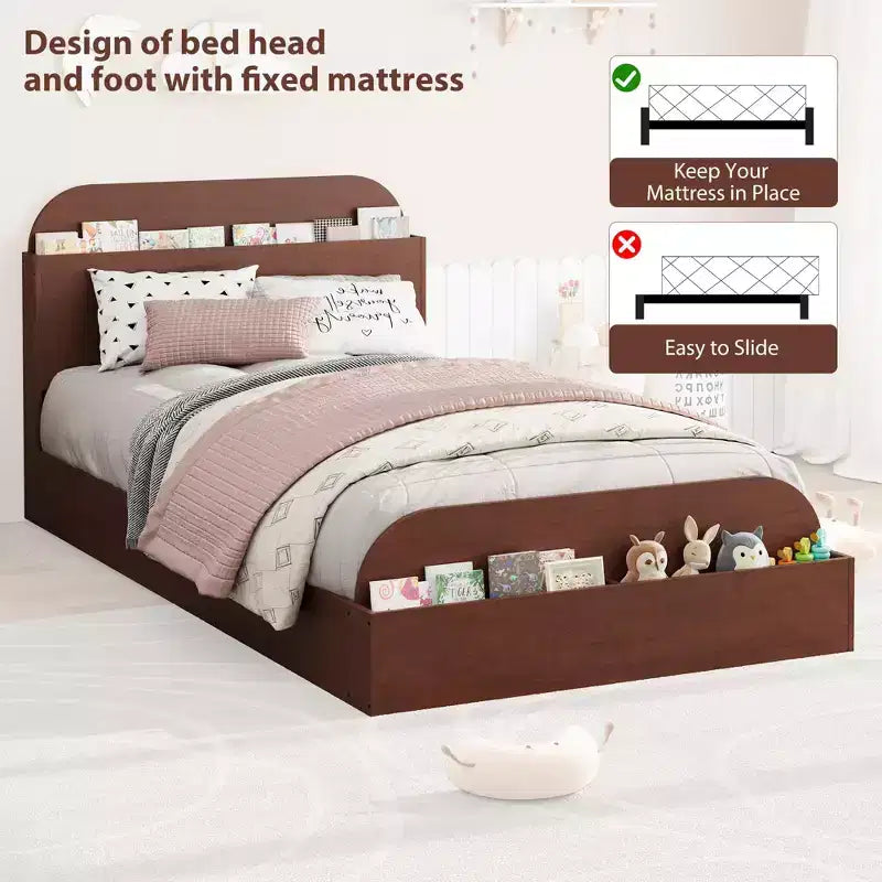 Cadre de lit double, lattes en bois robustes, avec tête de lit de rangement et pied de lit surélevé, pas besoin de sommier tapissier, montage facile, pour garçons et filles