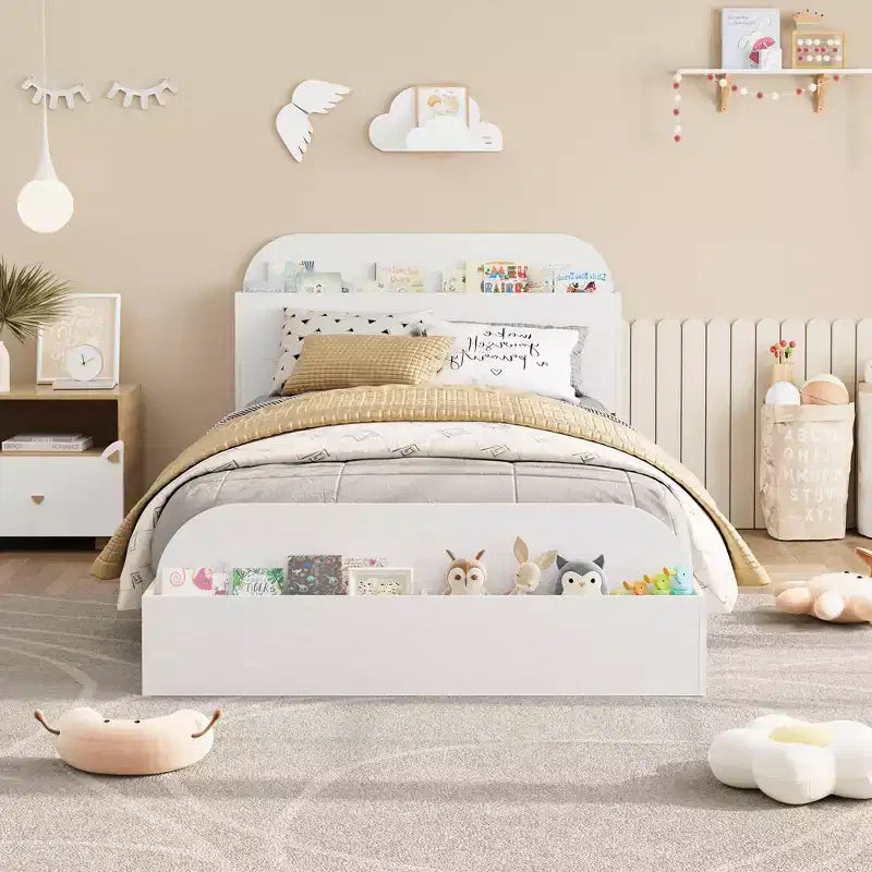 Cadre de lit double, lattes en bois robustes, avec tête de lit de rangement et pied de lit surélevé, pas besoin de sommier tapissier, montage facile, pour garçons et filles