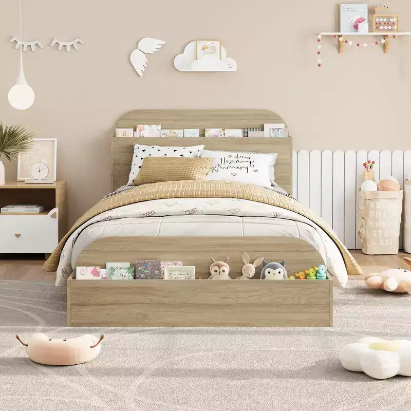 Cadre de lit double, lattes en bois robustes, avec tête de lit de rangement et pied de lit surélevé, pas besoin de sommier tapissier, montage facile, pour garçons et filles