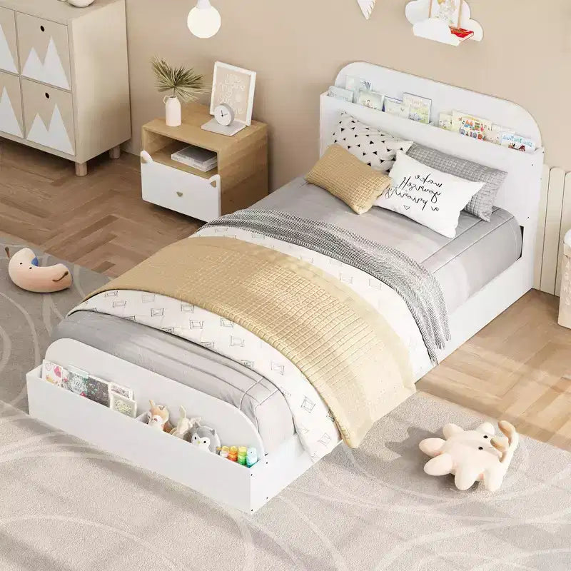 Cadre de lit double, lattes en bois robustes, avec tête de lit de rangement et pied de lit surélevé, pas besoin de sommier tapissier, montage facile, pour garçons et filles
