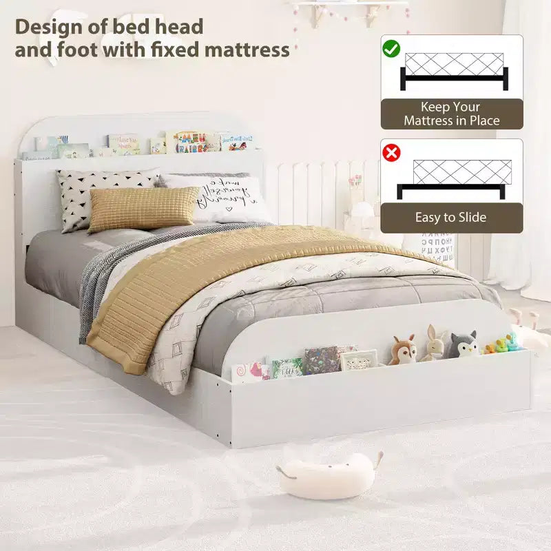 Cadre de lit double, lattes en bois robustes, avec tête de lit de rangement et pied de lit surélevé, pas besoin de sommier tapissier, montage facile, pour garçons et filles