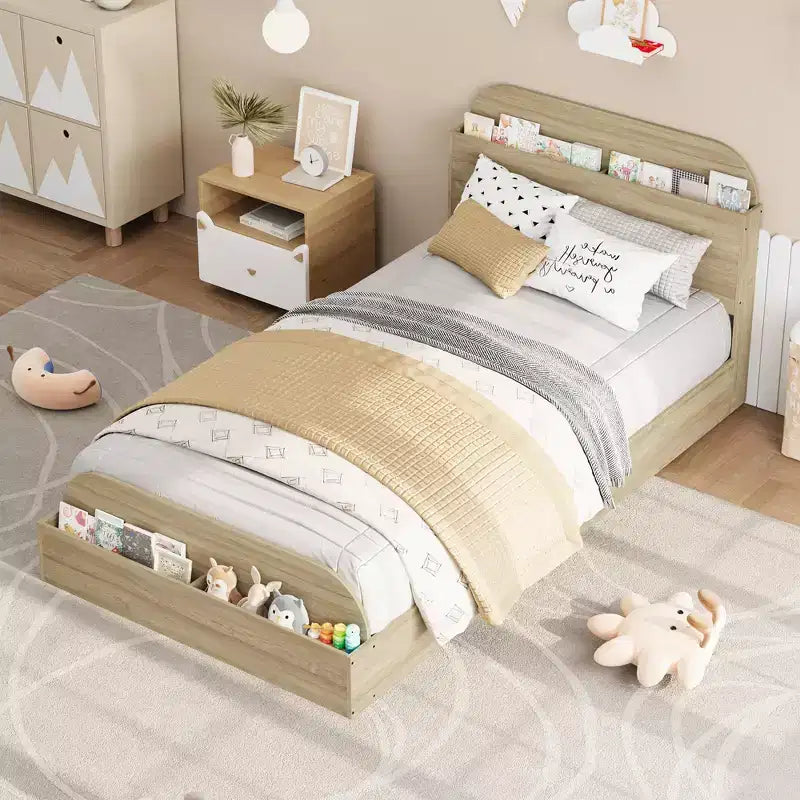 Cadre de lit double, lattes en bois robustes, avec tête de lit de rangement et pied de lit surélevé, pas besoin de sommier tapissier, montage facile, pour garçons et filles