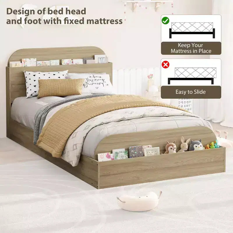 Cadre de lit double, lattes en bois robustes, avec tête de lit de rangement et pied de lit surélevé, pas besoin de sommier tapissier, montage facile, pour garçons et filles
