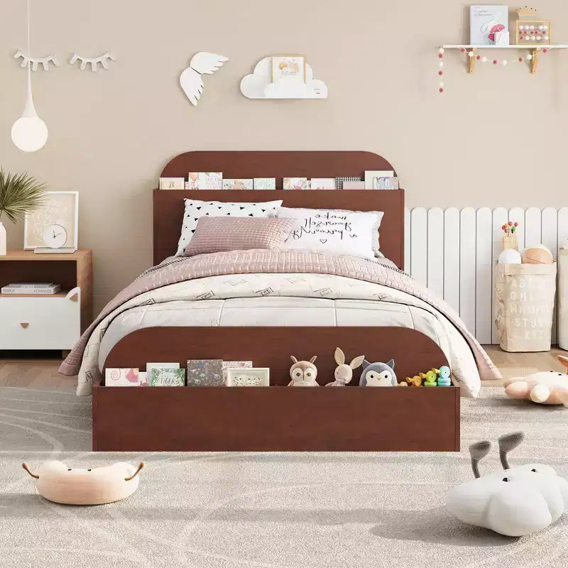 Cadre de lit double, lattes en bois robustes, avec tête de lit de rangement et pied de lit surélevé, pas besoin de sommier tapissier, montage facile, pour garçons et filles