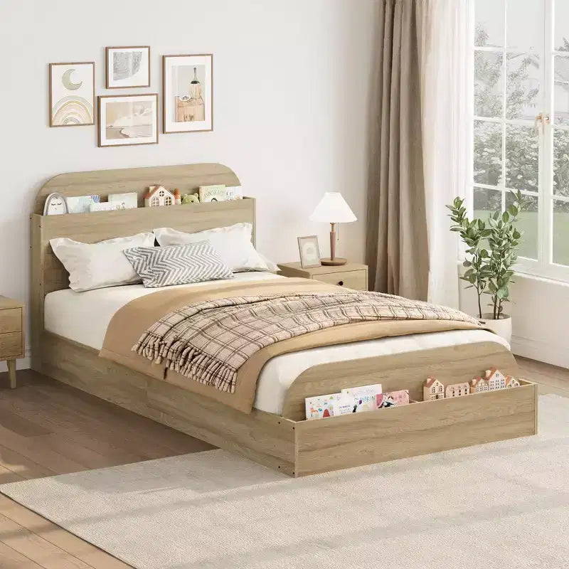Twin Size Bed Frame, Heavy Duty Wood Slats,with Storage Headboard and Raised-Foodboard, No Box Spring Needed, Easy Assembly, for boys and girls