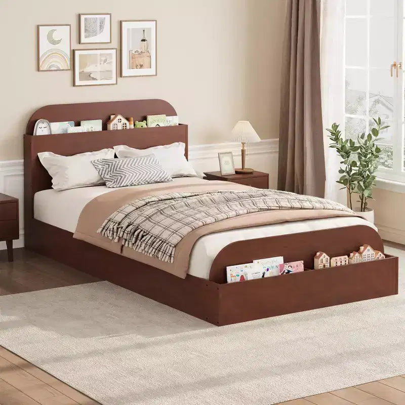 Cadre de lit double, lattes en bois robustes, avec tête de lit de rangement et pied de lit surélevé, pas besoin de sommier tapissier, montage facile, pour garçons et filles