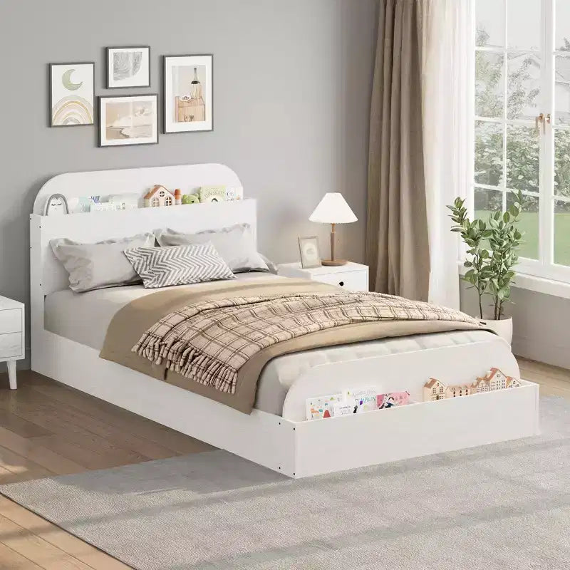 Cadre de lit double, lattes en bois robustes, avec tête de lit de rangement et pied de lit surélevé, pas besoin de sommier tapissier, montage facile, pour garçons et filles