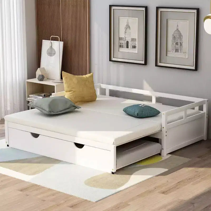 Canapé-lit extensible Okak une place avec lit gigogne/tiroirs et barrières de sécurité, cadre de lit plateforme en bois massif pour adolescents et adultes
