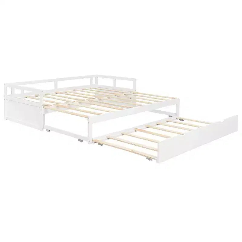 Canapé-lit extensible Okak une place avec lit gigogne/tiroirs et barrières de sécurité, cadre de lit plateforme en bois massif pour adolescents et adultes