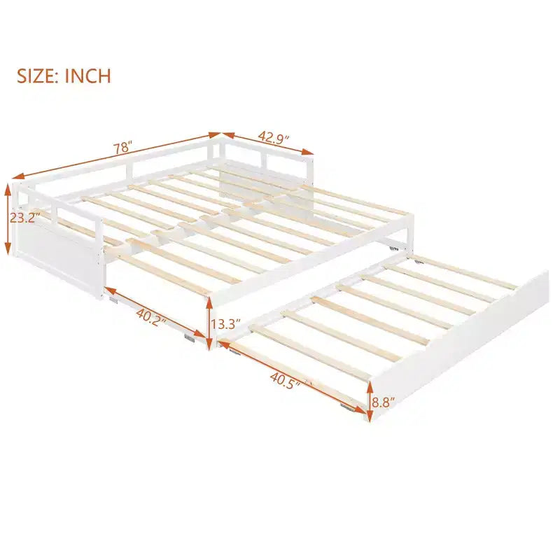 Canapé-lit extensible Okak une place avec lit gigogne/tiroirs et barrières de sécurité, cadre de lit plateforme en bois massif pour adolescents et adultes