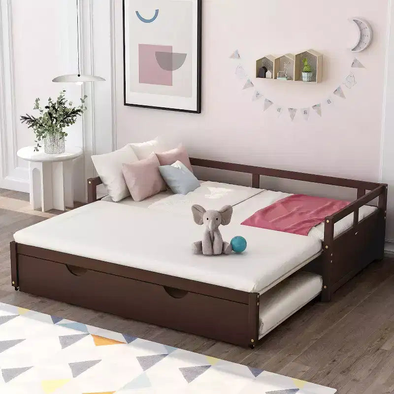 Canapé-lit extensible Okak une place avec lit gigogne/tiroirs et barrières de sécurité, cadre de lit plateforme en bois massif pour adolescents et adultes