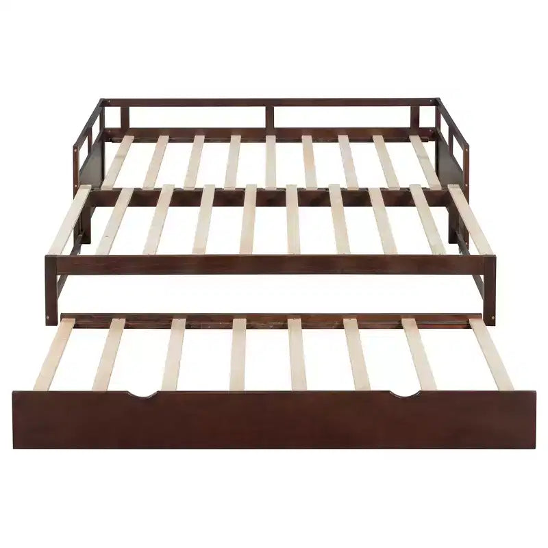Canapé-lit extensible Okak une place avec lit gigogne/tiroirs et barrières de sécurité, cadre de lit plateforme en bois massif pour adolescents et adultes