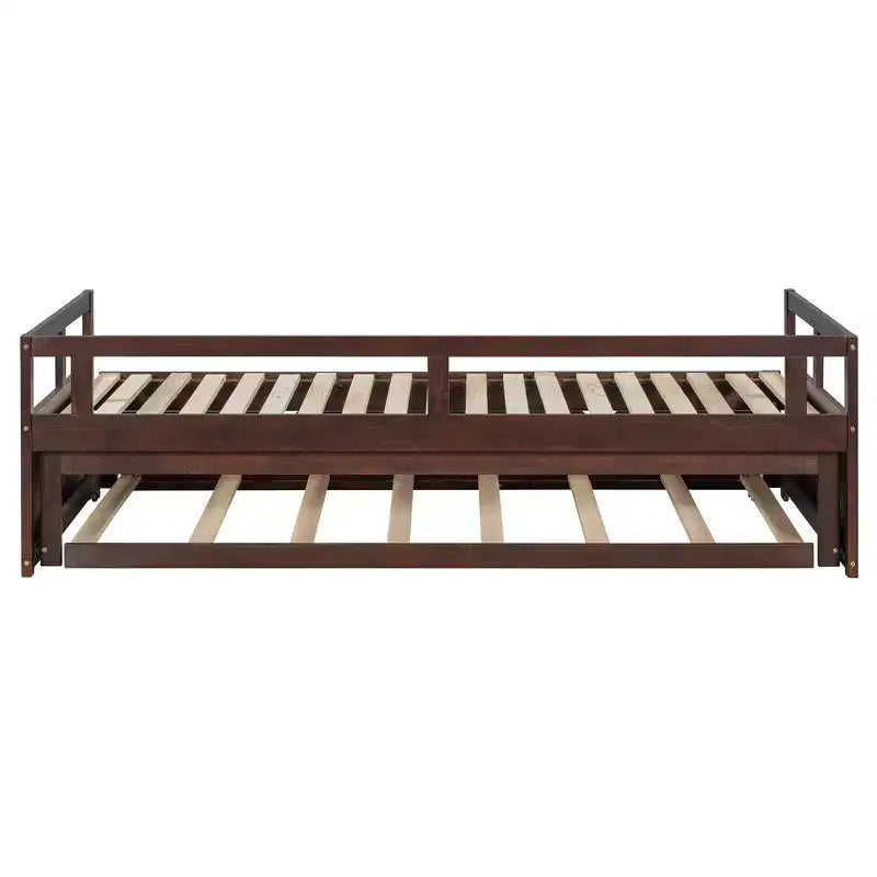 Canapé-lit extensible Okak une place avec lit gigogne/tiroirs et barrières de sécurité, cadre de lit plateforme en bois massif pour adolescents et adultes