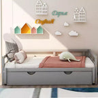Canapé-lit extensible Okak une place avec lit gigogne/tiroirs et barrières de sécurité, cadre de lit plateforme en bois massif pour adolescents et adultes