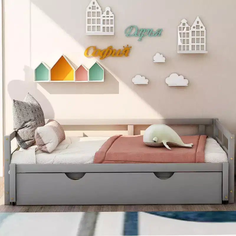 Canapé-lit extensible Okak une place avec lit gigogne/tiroirs et barrières de sécurité, cadre de lit plateforme en bois massif pour adolescents et adultes