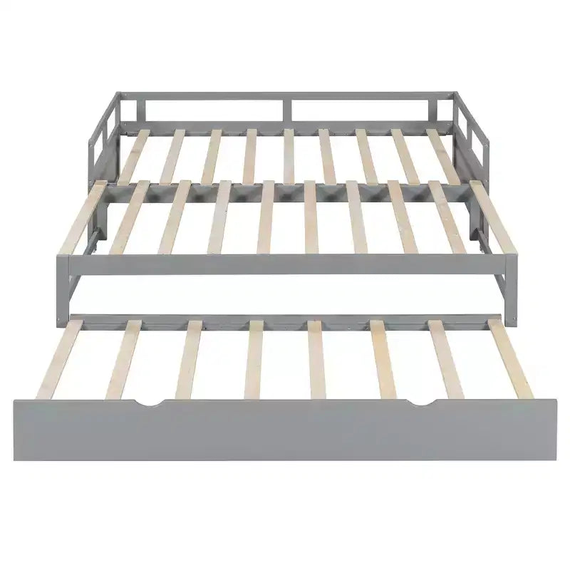 Canapé-lit extensible Okak une place avec lit gigogne/tiroirs et barrières de sécurité, cadre de lit plateforme en bois massif pour adolescents et adultes