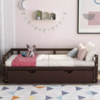 Okak Twin Size Extending Design Daybed with Trundle/Drawers & Safety Rails,Solid Wood Platform Bed Frame for Teens,Adults