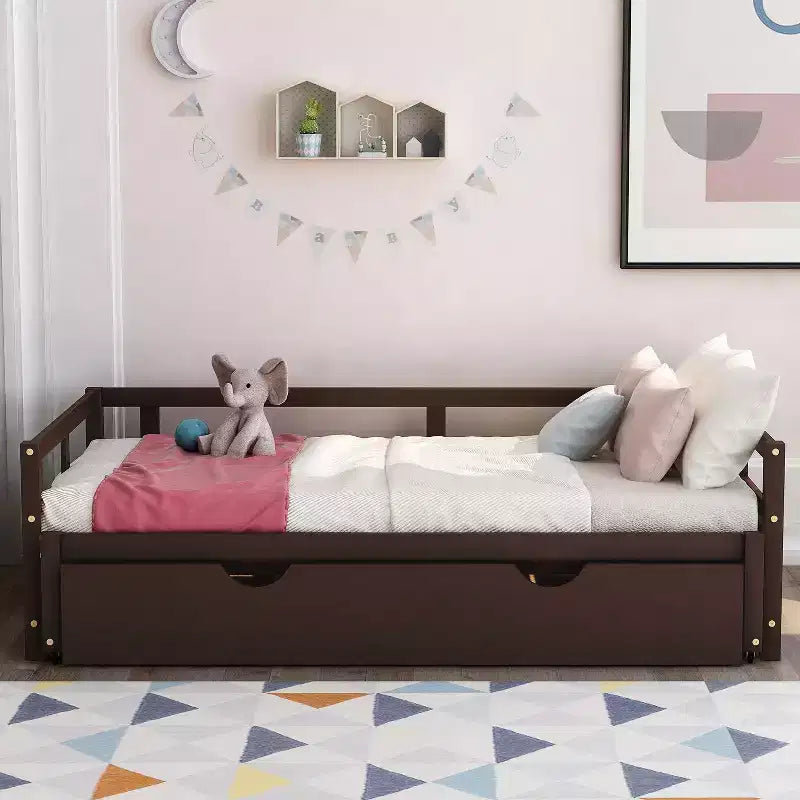 Okak Twin Size Extending Design Daybed with Trundle/Drawers & Safety Rails,Solid Wood Platform Bed Frame for Teens,Adults