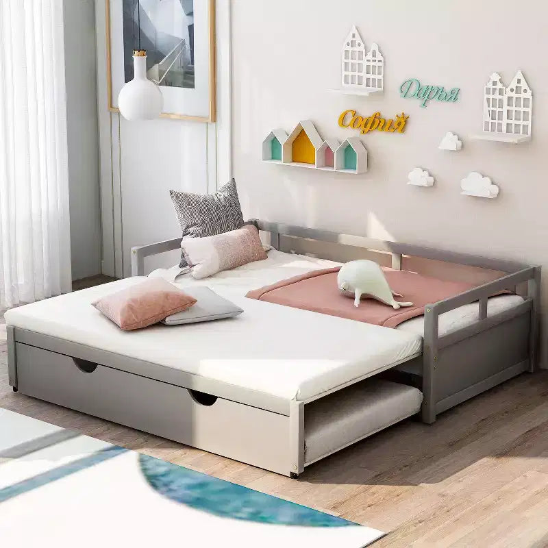Canapé-lit extensible Okak une place avec lit gigogne/tiroirs et barrières de sécurité, cadre de lit plateforme en bois massif pour adolescents et adultes
