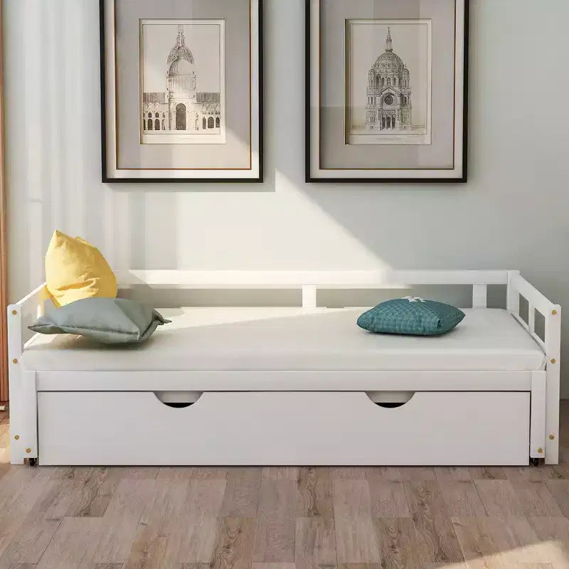 Canapé-lit extensible Okak une place avec lit gigogne/tiroirs et barrières de sécurité, cadre de lit plateforme en bois massif pour adolescents et adultes