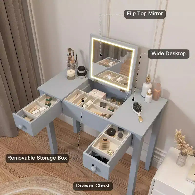 Okak Toeletta Multifunzionale per Trucco con Specchio a Scomparsa, Tavolo da Trucco con 2 Cassetti e 3 Scatole Organizzative Rimovibili, Toeletta Compatta per la Casa