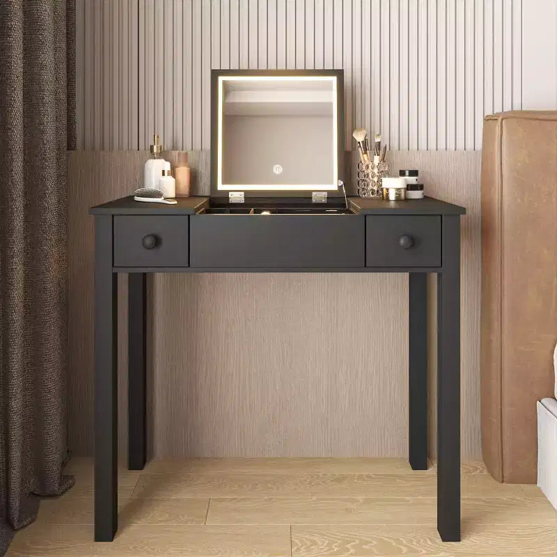 Coiffeuse multifonction Okak avec miroir rabattable, table de maquillage avec 2 tiroirs et 3 boîtes de rangement amovibles, coiffeuse compacte pour la maison