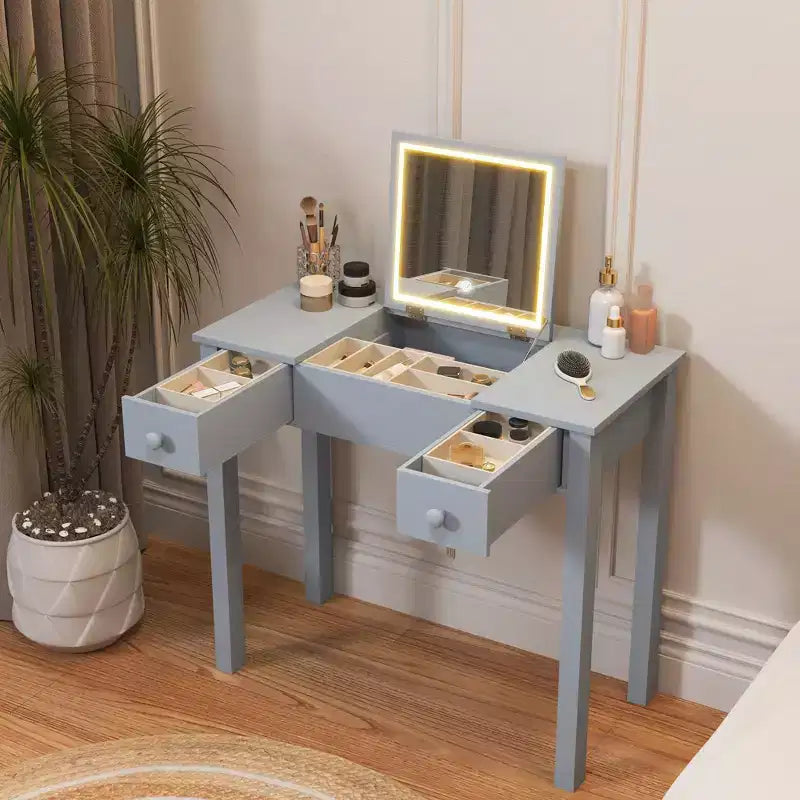 Coiffeuse multifonction Okak avec miroir rabattable, table de maquillage avec 2 tiroirs et 3 boîtes de rangement amovibles, coiffeuse compacte pour la maison