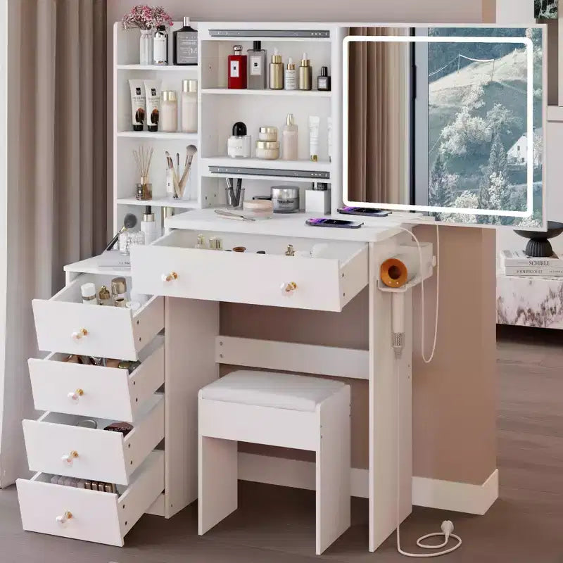 Okak Coiffeuse 37IN Grande avec Tabouret Rembourré et Support pour Sèche-Cheveux, Coiffeuse Maquillage avec Prise Électrique et Interrupteur 3 Couleurs