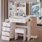 Okak Coiffeuse 37IN Grande avec Tabouret Rembourré et Support pour Sèche-Cheveux, Coiffeuse Maquillage avec Prise Électrique et Interrupteur 3 Couleurs