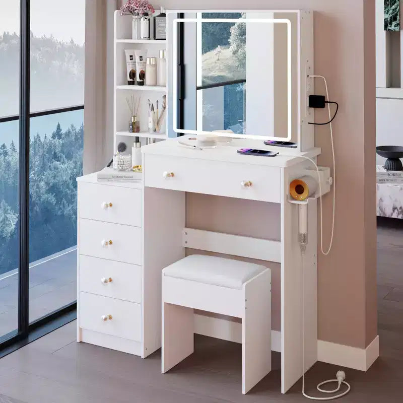 Okak Coiffeuse 37IN Grande avec Tabouret Rembourré et Support pour Sèche-Cheveux, Coiffeuse Maquillage avec Prise Électrique et Interrupteur 3 Couleurs