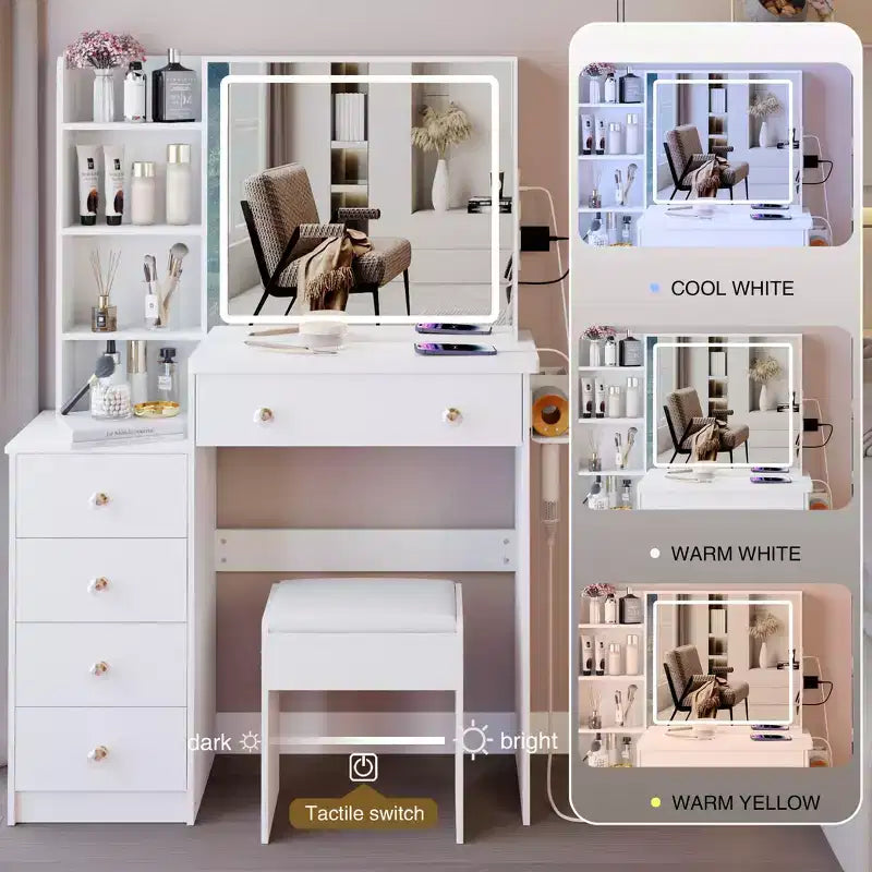 Okak Coiffeuse 37IN Grande avec Tabouret Rembourré et Support pour Sèche-Cheveux, Coiffeuse Maquillage avec Prise Électrique et Interrupteur 3 Couleurs