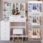Okak Coiffeuse 37IN Grande avec Tabouret Rembourré et Support pour Sèche-Cheveux, Coiffeuse Maquillage avec Prise Électrique et Interrupteur 3 Couleurs