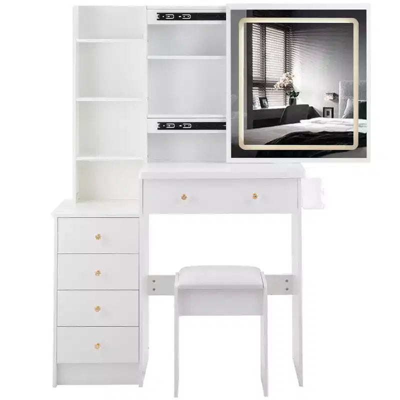 Okak Coiffeuse 37IN Grande avec Tabouret Rembourré et Support pour Sèche-Cheveux, Coiffeuse Maquillage avec Prise Électrique et Interrupteur 3 Couleurs