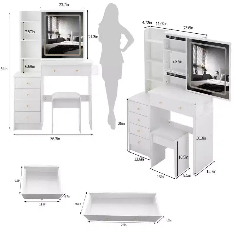 Okak Coiffeuse 37IN Grande avec Tabouret Rembourré et Support pour Sèche-Cheveux, Coiffeuse Maquillage avec Prise Électrique et Interrupteur 3 Couleurs