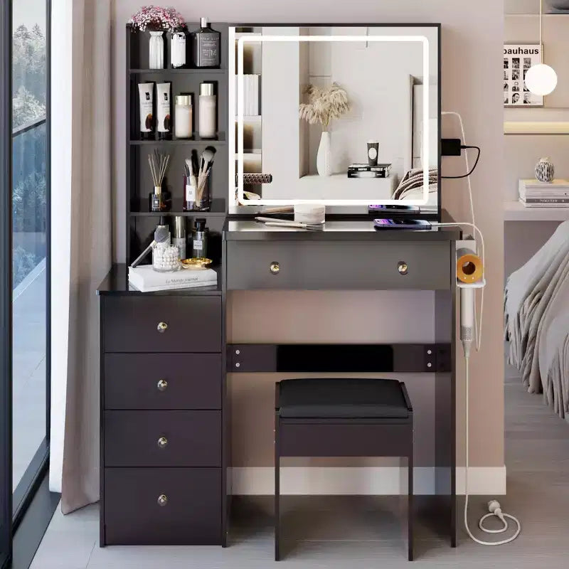 Okak Coiffeuse 37IN Grande avec Tabouret Rembourré et Support pour Sèche-Cheveux, Coiffeuse Maquillage avec Prise Électrique et Interrupteur 3 Couleurs