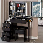 Okak Coiffeuse 37IN Grande avec Tabouret Rembourré et Support pour Sèche-Cheveux, Coiffeuse Maquillage avec Prise Électrique et Interrupteur 3 Couleurs
