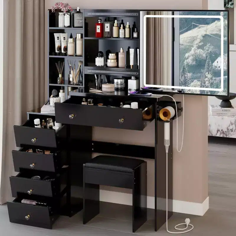 Okak Coiffeuse 37IN Grande avec Tabouret Rembourré et Support pour Sèche-Cheveux, Coiffeuse Maquillage avec Prise Électrique et Interrupteur 3 Couleurs