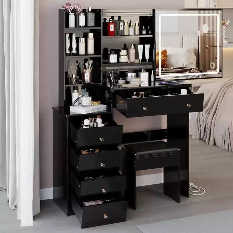 Okak Coiffeuse 37IN Grande avec Tabouret Rembourré et Support pour Sèche-Cheveux, Coiffeuse Maquillage avec Prise Électrique et Interrupteur 3 Couleurs