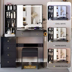 Okak Coiffeuse 37IN Grande avec Tabouret Rembourré et Support pour Sèche-Cheveux, Coiffeuse Maquillage avec Prise Électrique et Interrupteur 3 Couleurs
