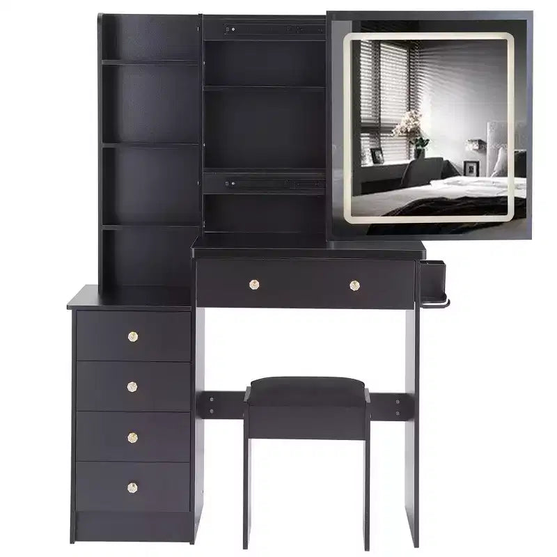 Okak Coiffeuse 37IN Grande avec Tabouret Rembourré et Support pour Sèche-Cheveux, Coiffeuse Maquillage avec Prise Électrique et Interrupteur 3 Couleurs