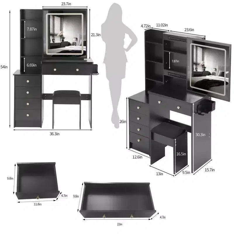 Okak Coiffeuse 37IN Grande avec Tabouret Rembourré et Support pour Sèche-Cheveux, Coiffeuse Maquillage avec Prise Électrique et Interrupteur 3 Couleurs