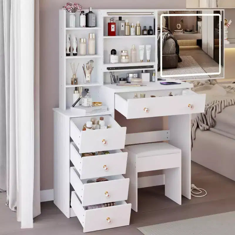 Okak Coiffeuse 37IN Grande avec Tabouret Rembourré et Support pour Sèche-Cheveux, Coiffeuse Maquillage avec Prise Électrique et Interrupteur 3 Couleurs
