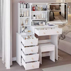 Okak Coiffeuse 37IN Grande avec Tabouret Rembourré et Support pour Sèche-Cheveux, Coiffeuse Maquillage avec Prise Électrique et Interrupteur 3 Couleurs