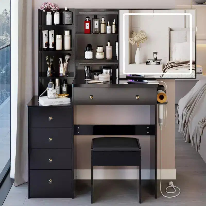 Okak Coiffeuse 37IN Grande avec Tabouret Rembourré et Support pour Sèche-Cheveux, Coiffeuse Maquillage avec Prise Électrique et Interrupteur 3 Couleurs